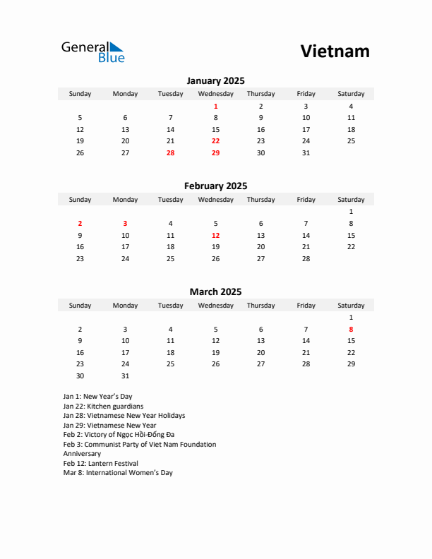 Printable Quarterly Calendar with Notes and Vietnam Holidays- Q1 of 2025