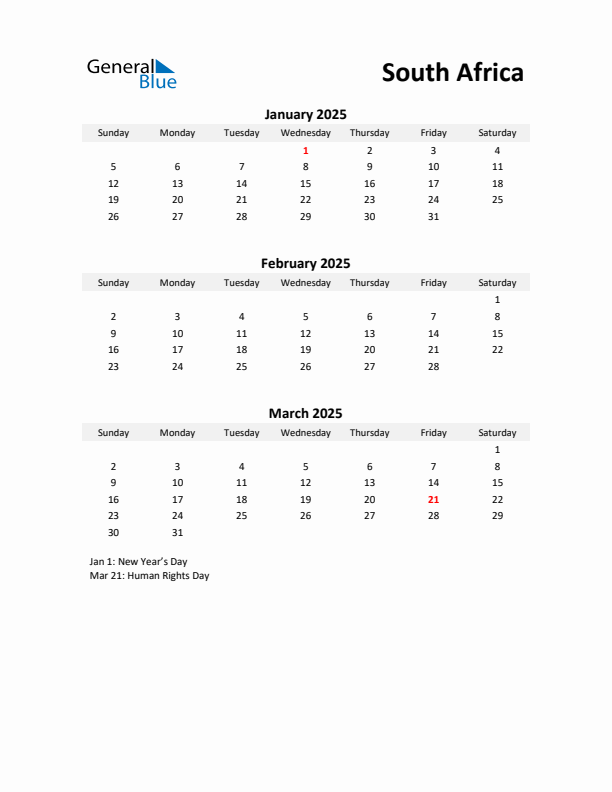 Printable Quarterly Calendar with Notes and South Africa Holidays- Q1 of 2025