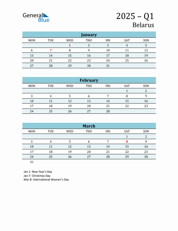 Three-Month Planner for Q1 2025 with Holidays - Belarus