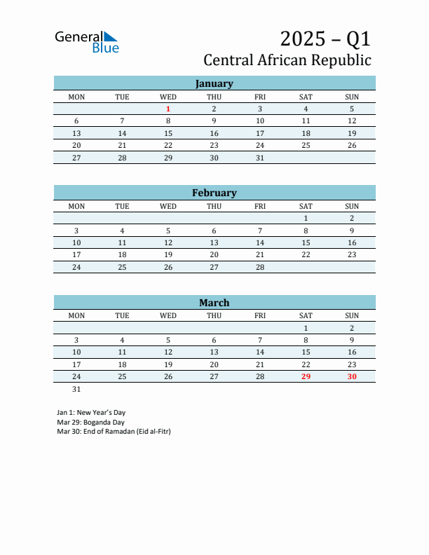 Three-Month Planner for Q1 2025 with Holidays - Central African Republic