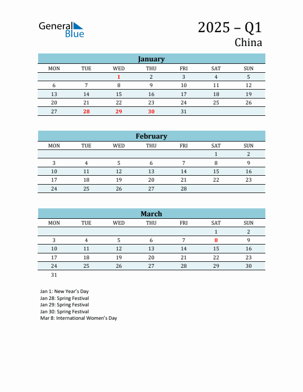 Three-Month Planner for Q1 2025 with Holidays - China