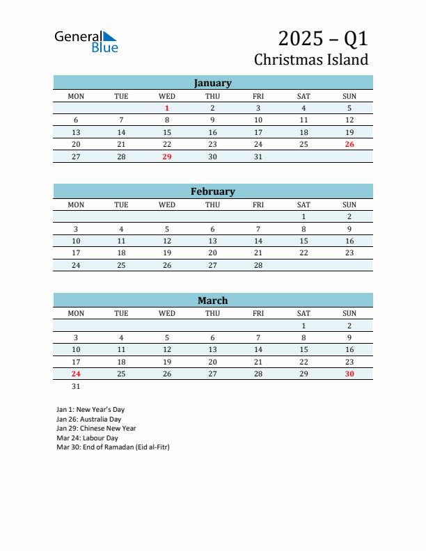 Three-Month Planner for Q1 2025 with Holidays - Christmas Island