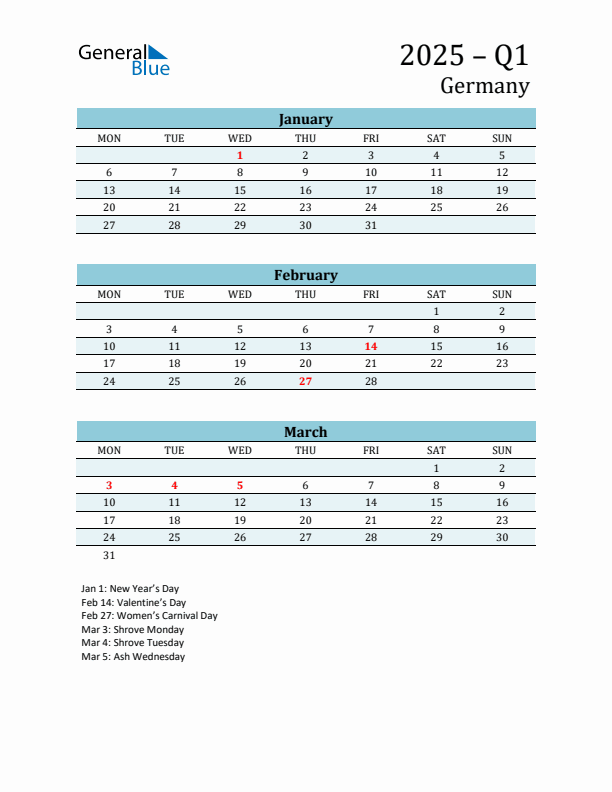 Three-Month Planner for Q1 2025 with Holidays - Germany