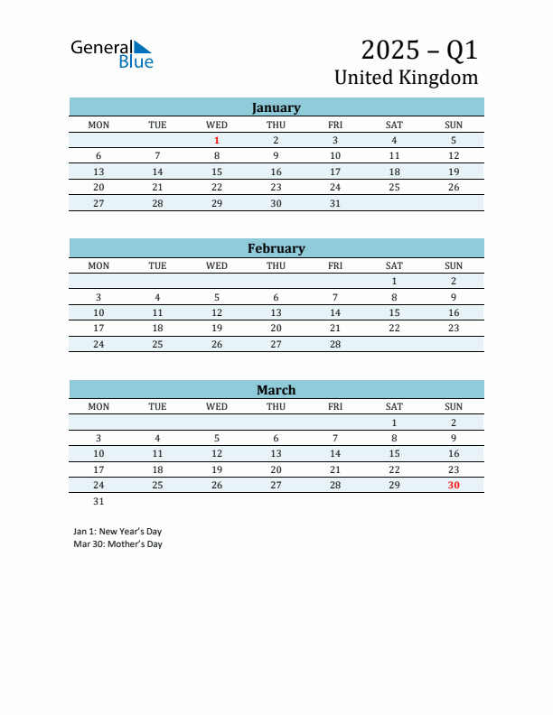 Three-Month Planner for Q1 2025 with Holidays - United Kingdom