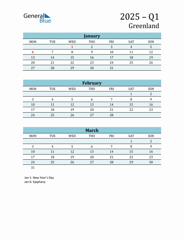 Three-Month Planner for Q1 2025 with Holidays - Greenland