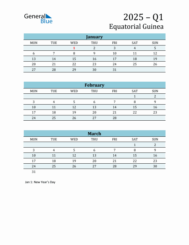 Three-Month Planner for Q1 2025 with Holidays - Equatorial Guinea