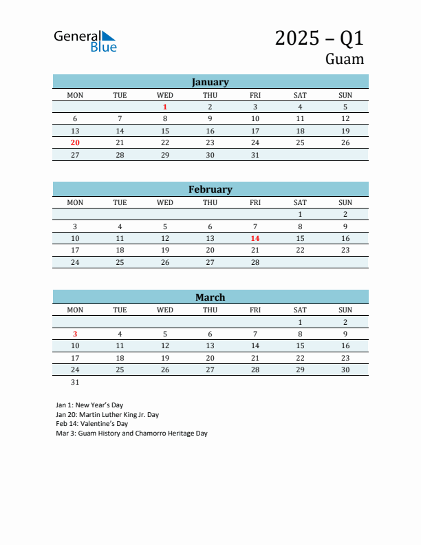 Three-Month Planner for Q1 2025 with Holidays - Guam