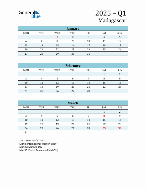 Three-Month Planner for Q1 2025 with Holidays - Madagascar