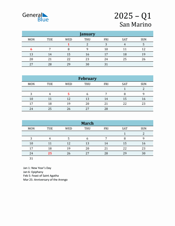 Three-Month Planner for Q1 2025 with Holidays - San Marino