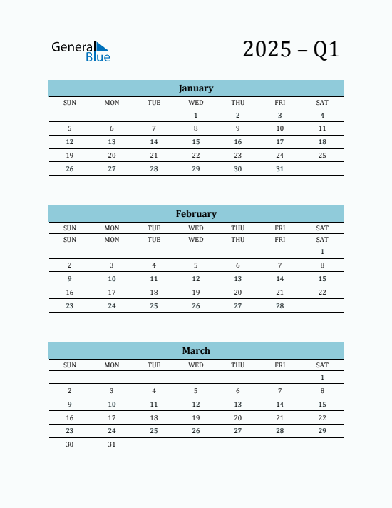 Quarter 1 2025 calendar template