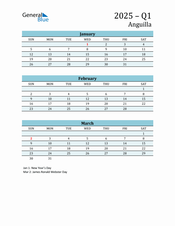 Three-Month Planner for Q1 2025 with Holidays - Anguilla