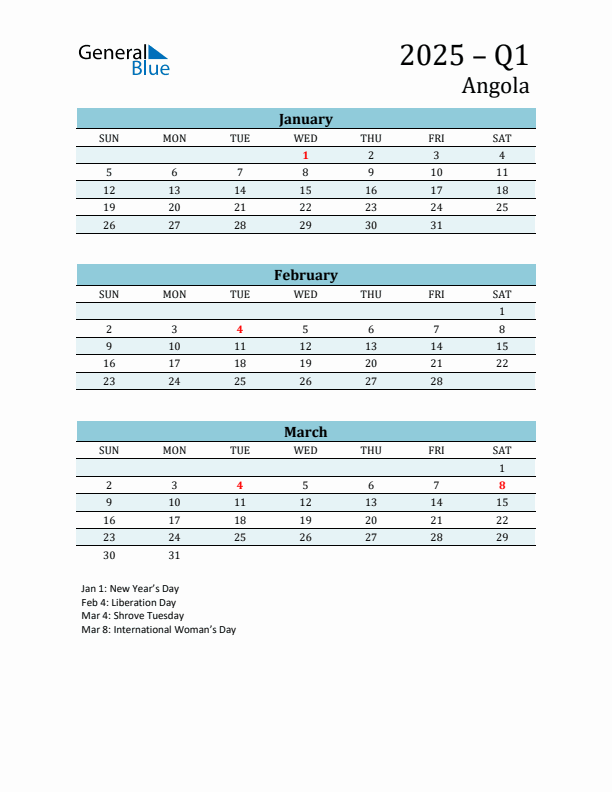 Three-Month Planner for Q1 2025 with Holidays - Angola