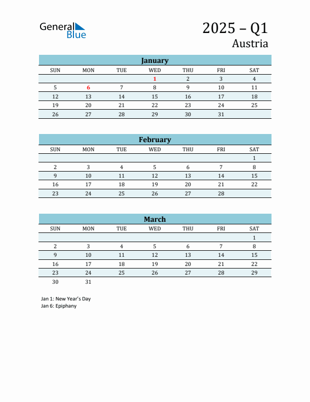 Three-Month Planner for Q1 2025 with Holidays - Austria