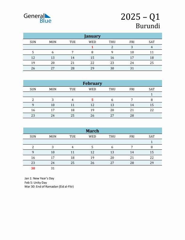 Three-Month Planner for Q1 2025 with Holidays - Burundi