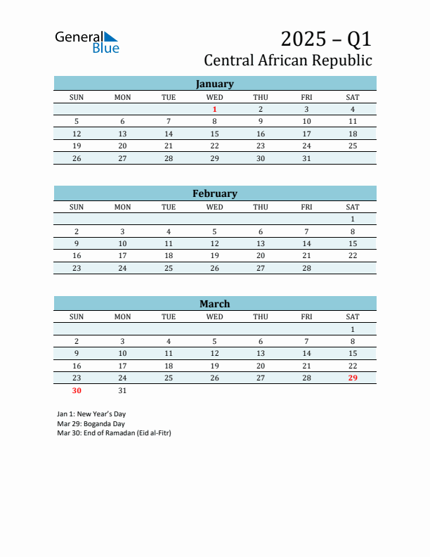 Three-Month Planner for Q1 2025 with Holidays - Central African Republic