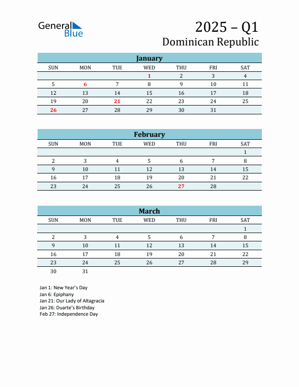 Three-Month Planner for Q1 2025 with Holidays - Dominican Republic