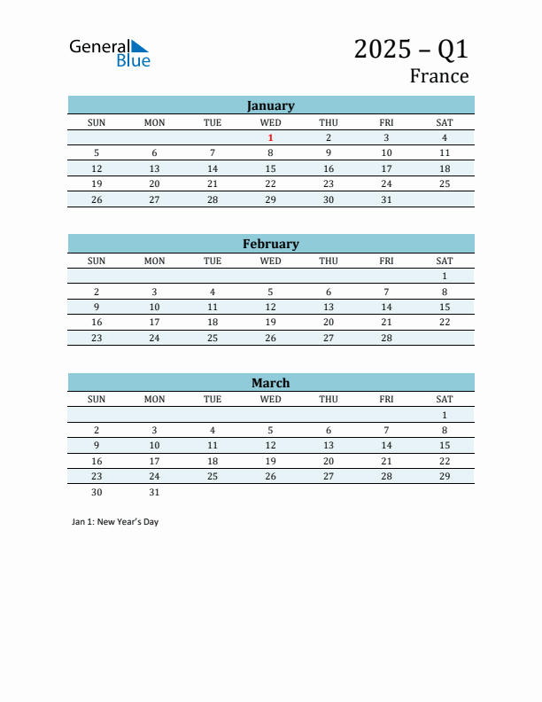 Three-Month Planner for Q1 2025 with Holidays - France