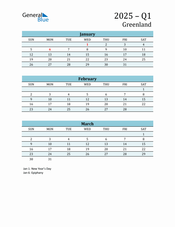 Three-Month Planner for Q1 2025 with Holidays - Greenland