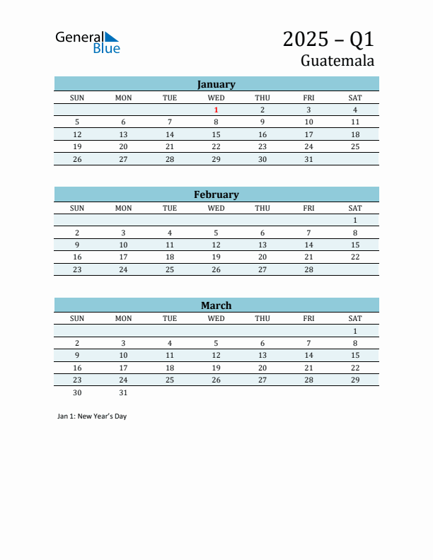 Three-Month Planner for Q1 2025 with Holidays - Guatemala