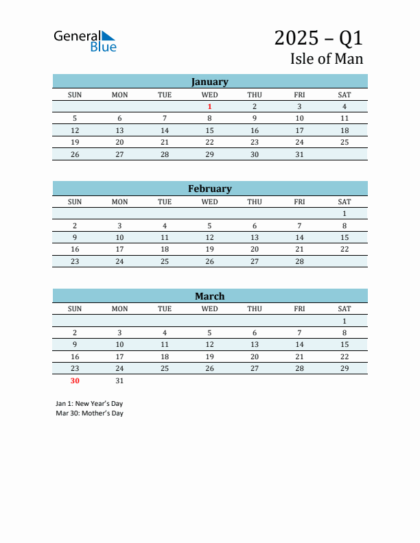 Three-Month Planner for Q1 2025 with Holidays - Isle of Man