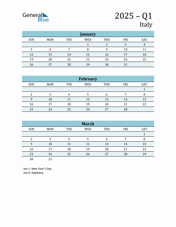 Three-Month Planner for Q1 2025 with Holidays - Italy