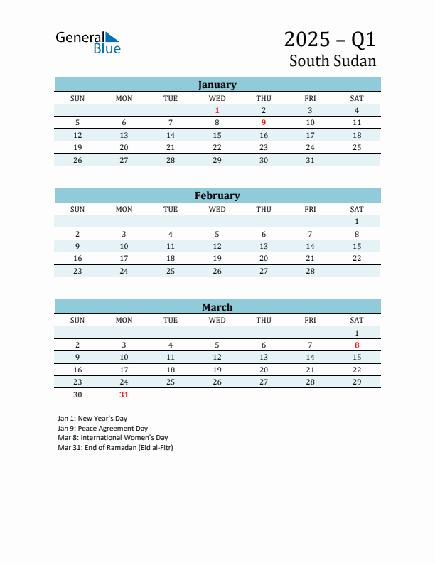 Three-Month Planner for Q1 2025 with Holidays - South Sudan