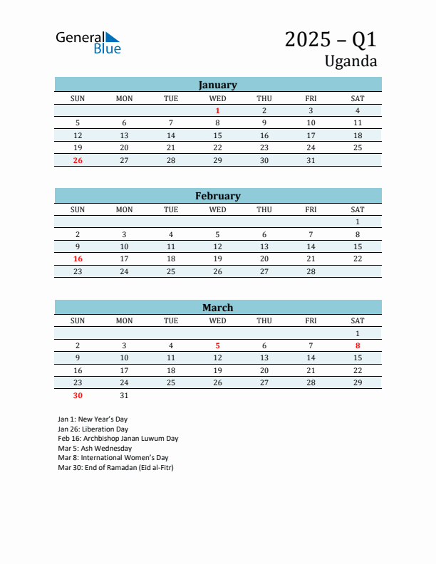 Three-Month Planner for Q1 2025 with Holidays - Uganda