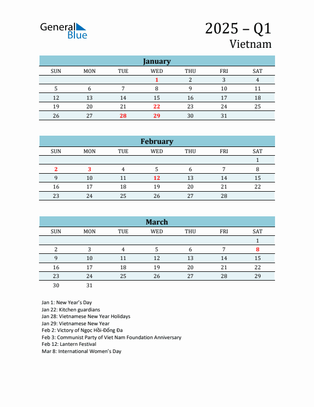 Three-Month Planner for Q1 2025 with Holidays - Vietnam