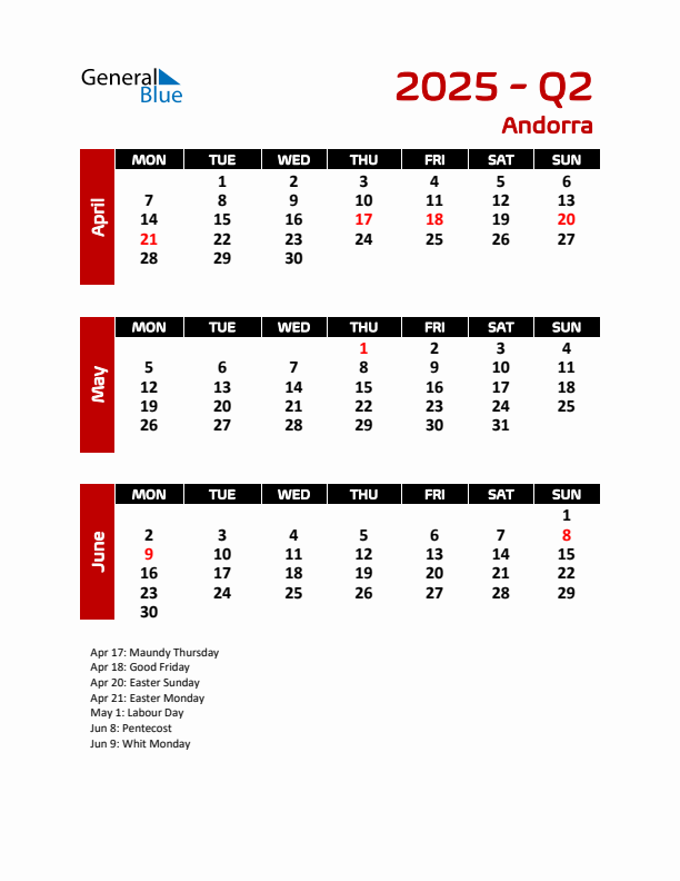 Q2 2025 Calendar with Holidays in Andorra