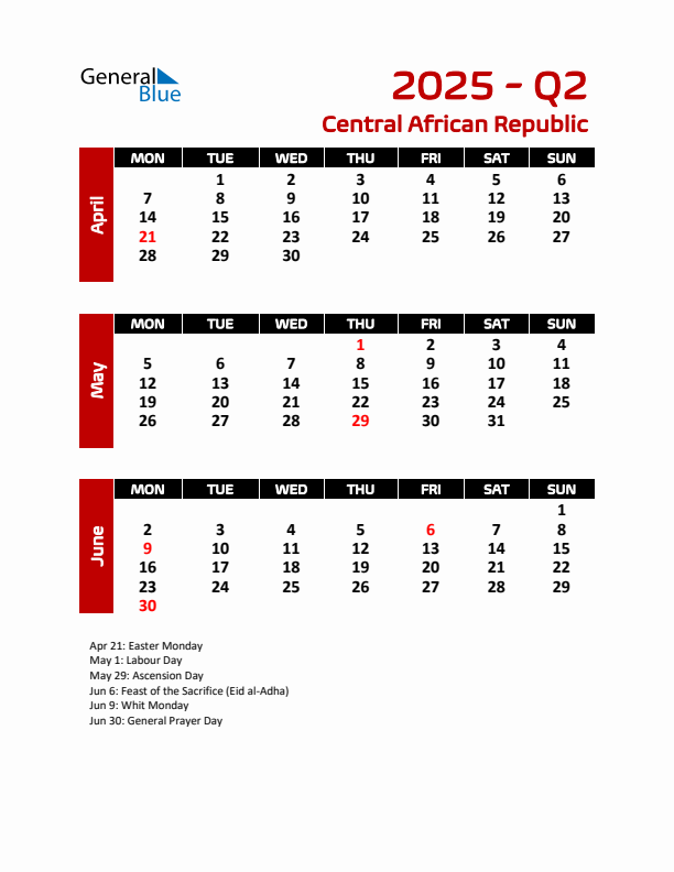 Q2 2025 Calendar with Holidays in Central African Republic