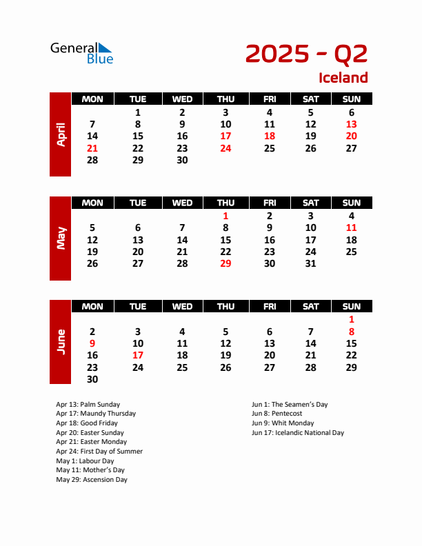 Q2 2025 Calendar with Holidays in Iceland