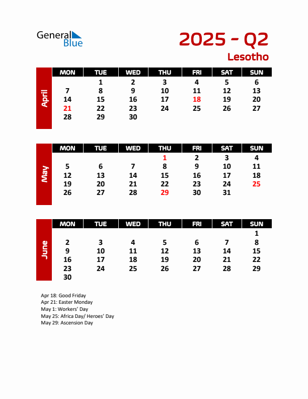 Q2 2025 Calendar with Holidays in Lesotho