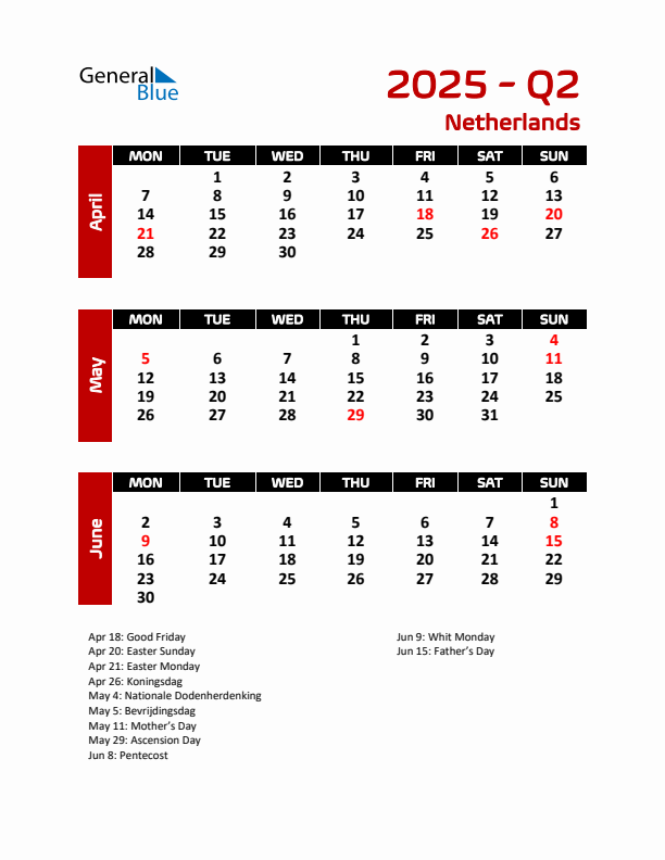 Q2 2025 Calendar with Holidays in The Netherlands