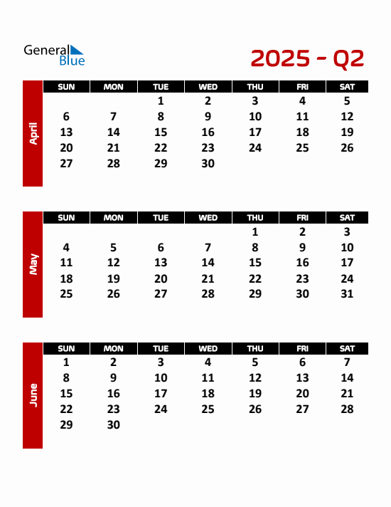 Quarter 2 2025 calendar template