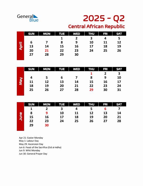 Q2 2025 Calendar with Holidays in Central African Republic