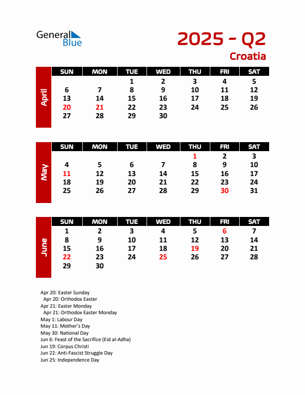 Q2 2025 Calendar with Holidays in Croatia