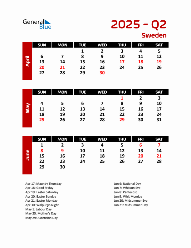 Q2 2025 Calendar with Holidays in Sweden