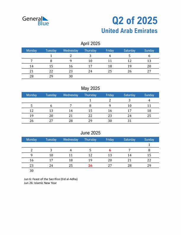 United Arab Emirates Q2 2025 Quarterly Calendar with Monday Start