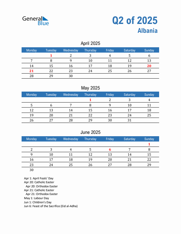 Albania Q2 2025 Quarterly Calendar with Monday Start