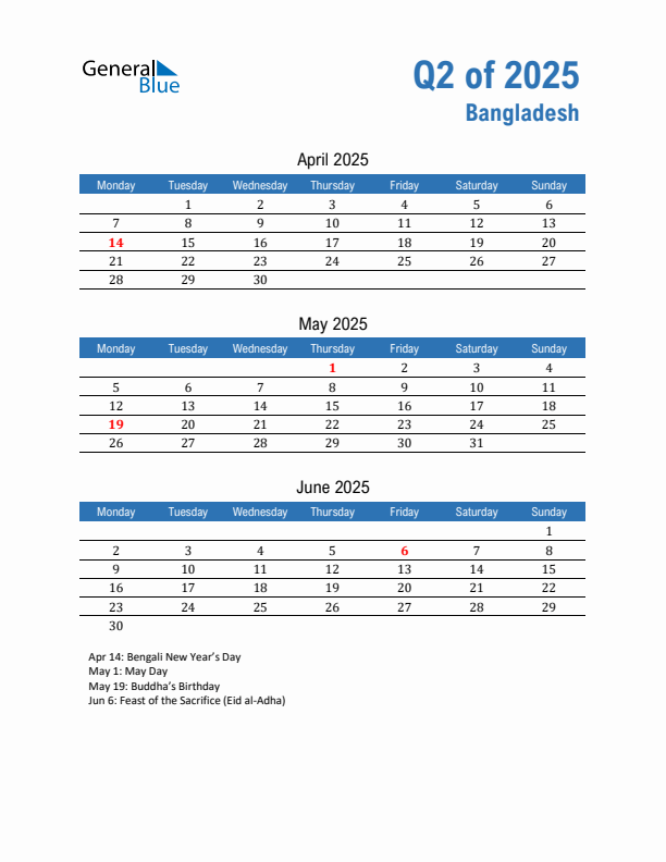 Bangladesh Q2 2025 Quarterly Calendar with Monday Start