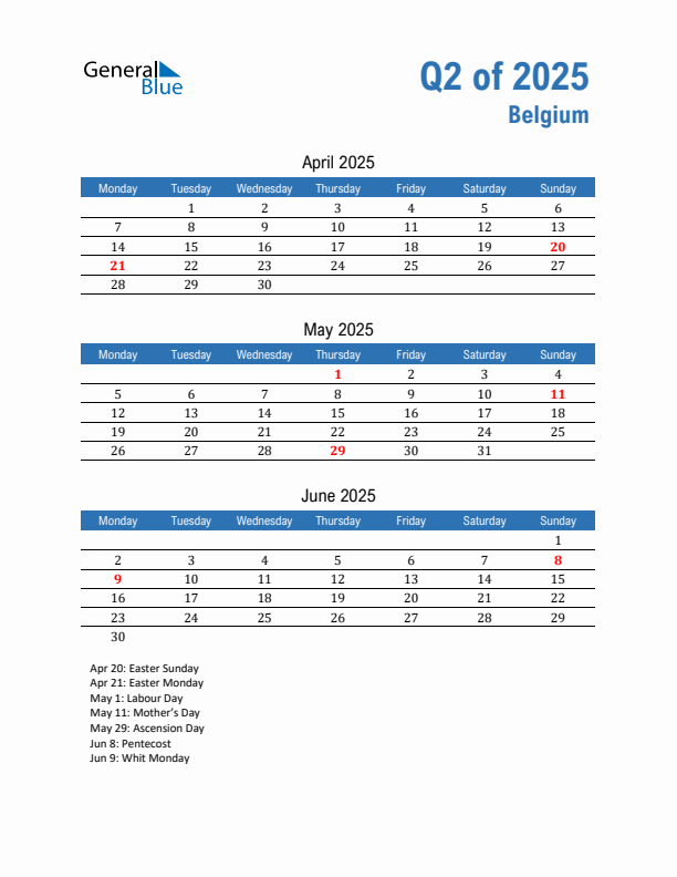 Belgium Q2 2025 Quarterly Calendar with Monday Start