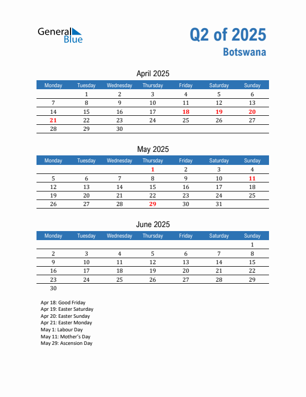 Botswana Q2 2025 Quarterly Calendar with Monday Start