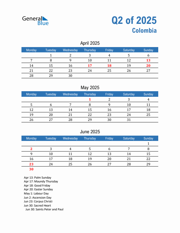 Colombia Q2 2025 Quarterly Calendar with Monday Start