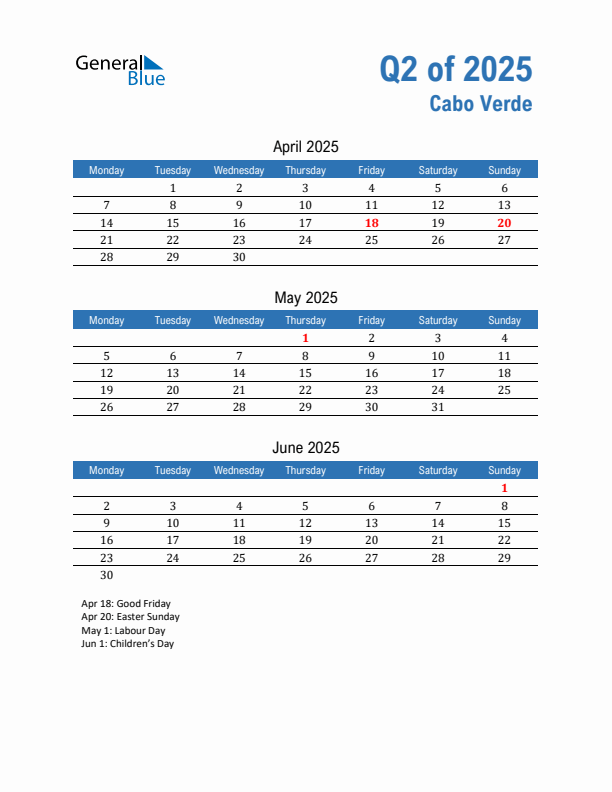 Cabo Verde Q2 2025 Quarterly Calendar with Monday Start