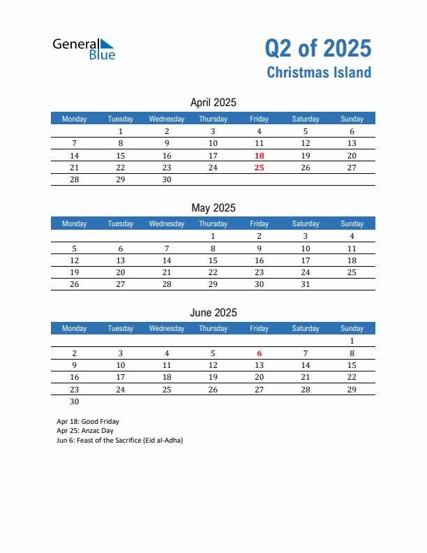 Christmas Island Q2 2025 Quarterly Calendar with Monday Start