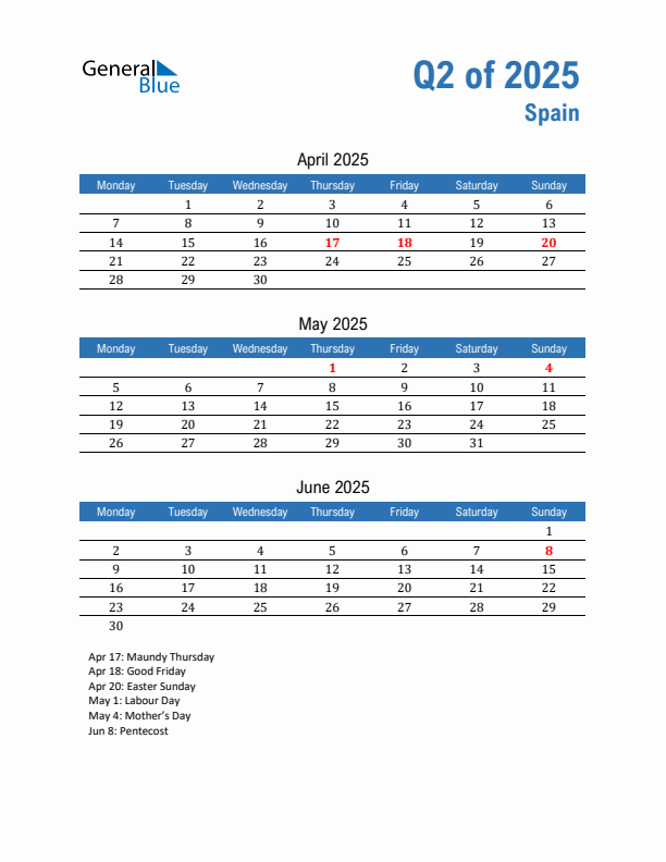 Spain Q2 2025 Quarterly Calendar with Monday Start