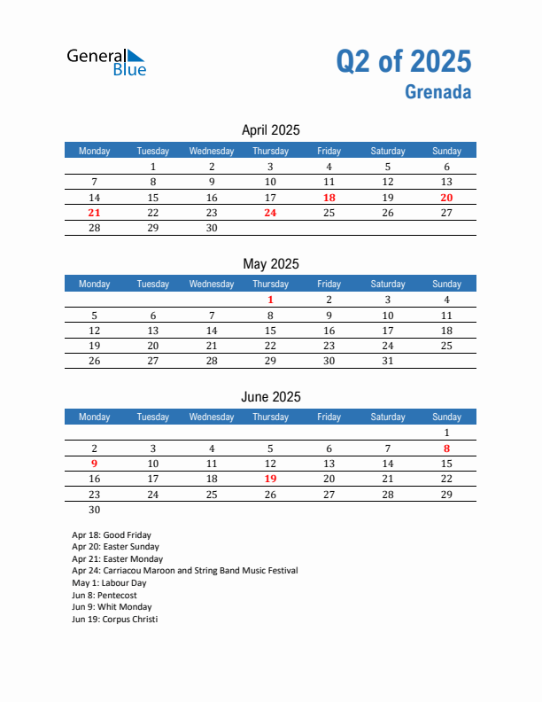 Grenada Q2 2025 Quarterly Calendar with Monday Start