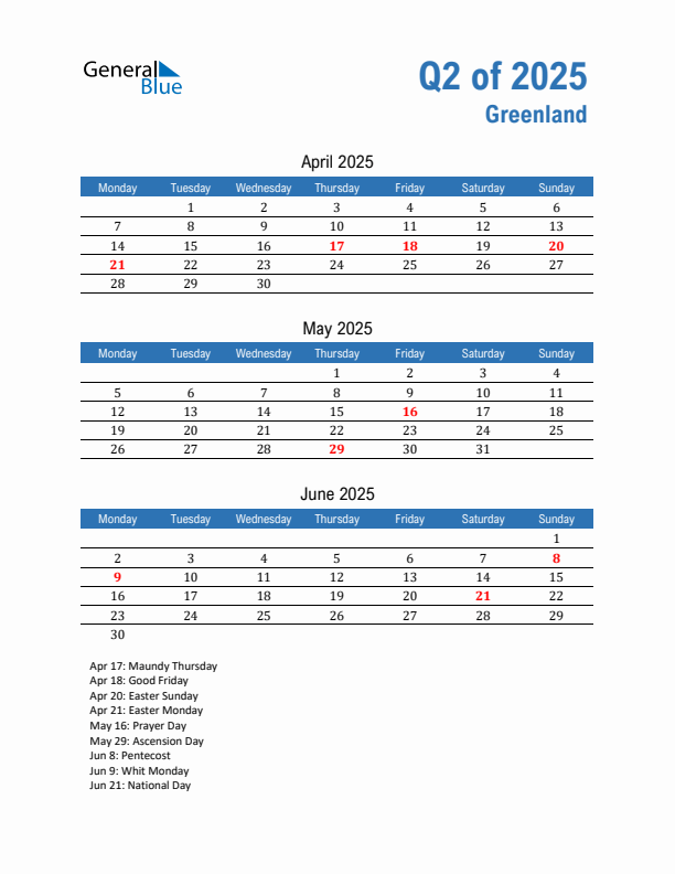 Greenland Q2 2025 Quarterly Calendar with Monday Start