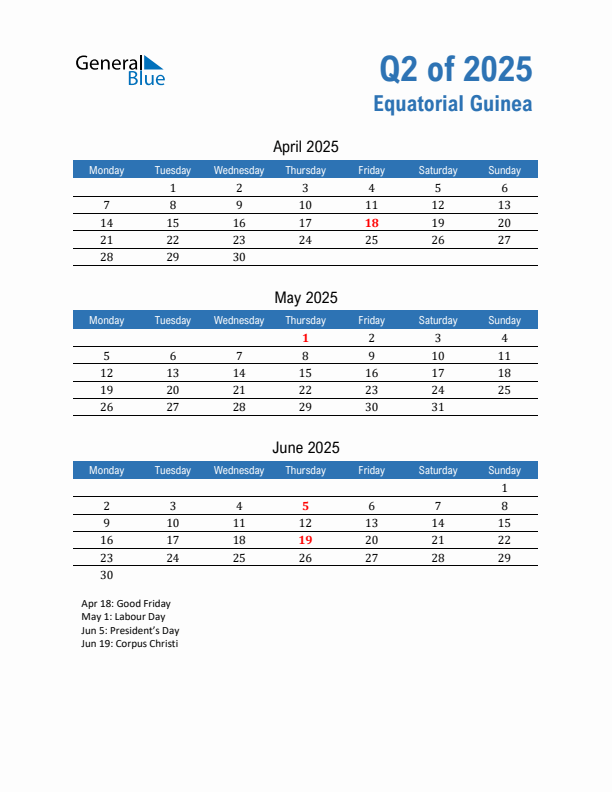 Equatorial Guinea Q2 2025 Quarterly Calendar with Monday Start