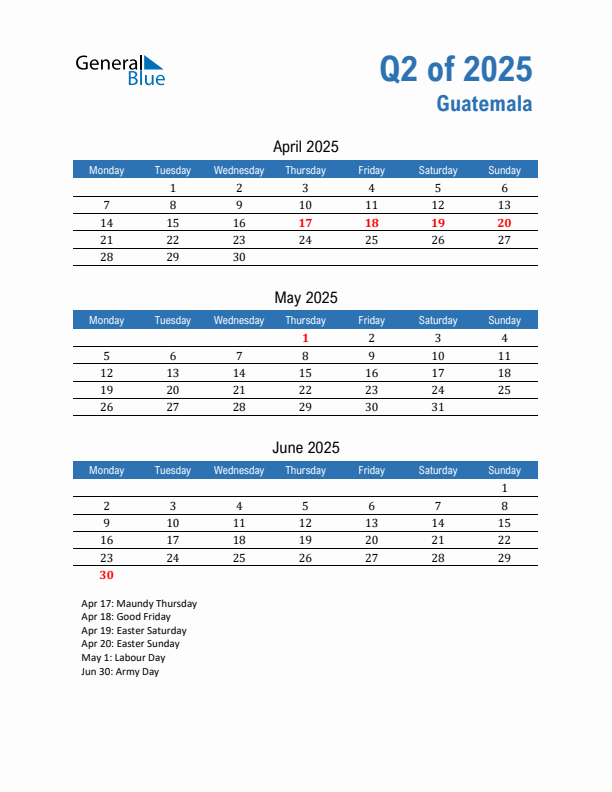 Guatemala Q2 2025 Quarterly Calendar with Monday Start